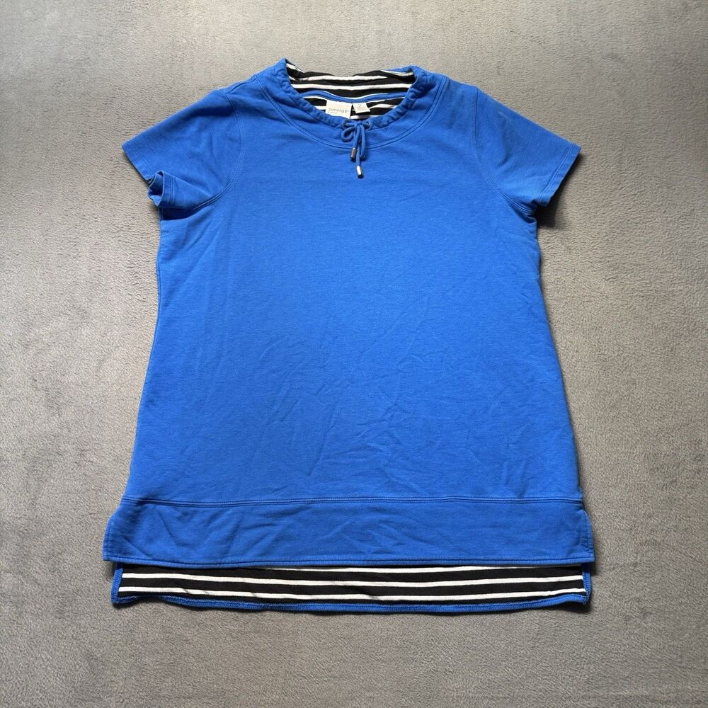Zenergy Chicos Womens 2 US L Tunic Top Blue Layered Stripe Hem Drawstring EUC